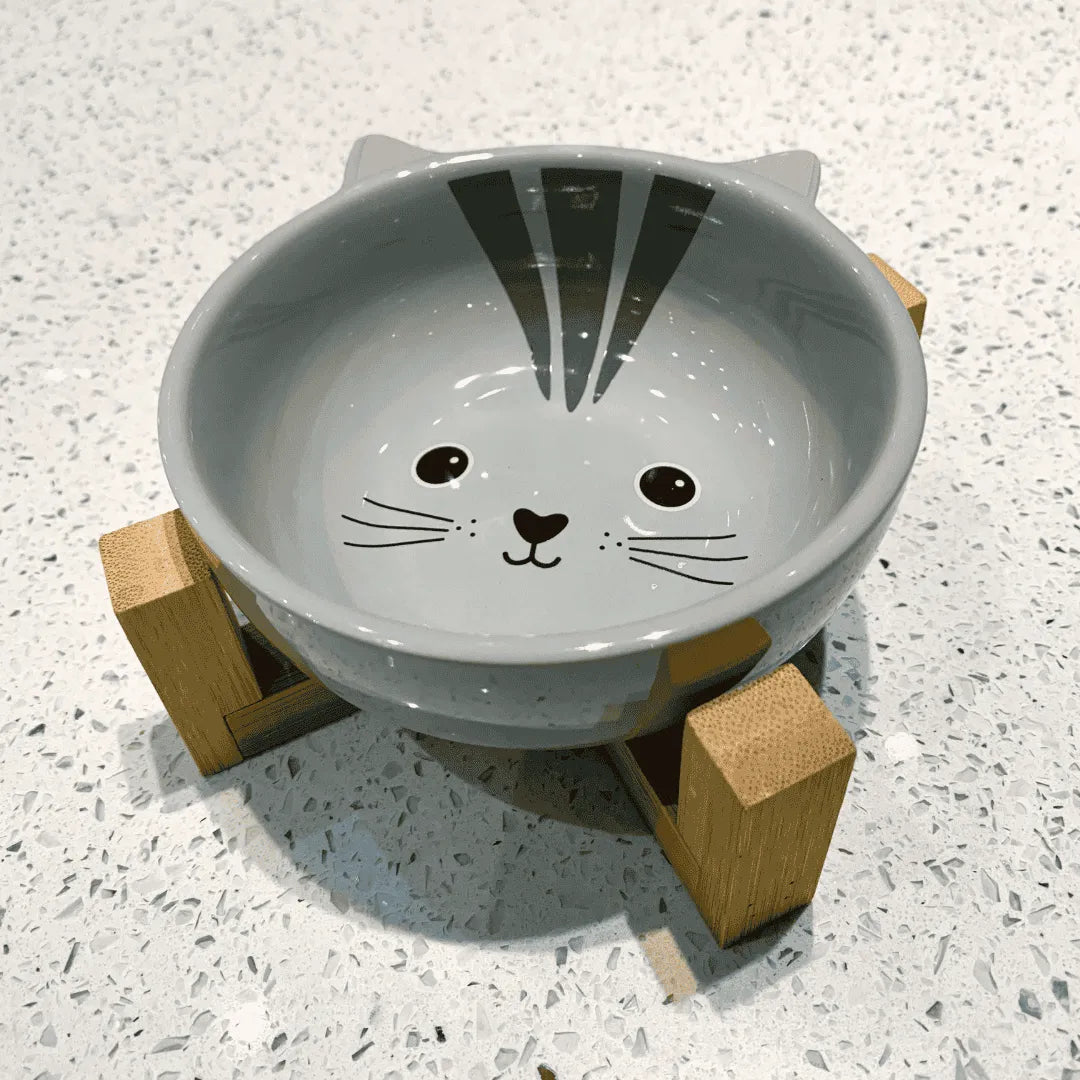 Comedouro Cerâmica Gatinho com Suporte de Bambu