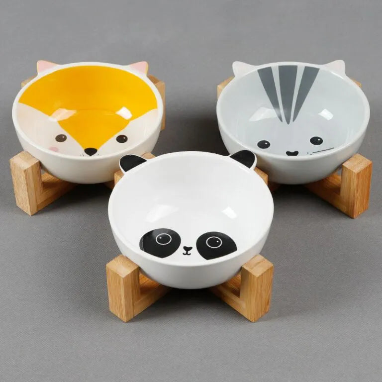 Comedouro Cerâmica Gatinho com Suporte de Bambu