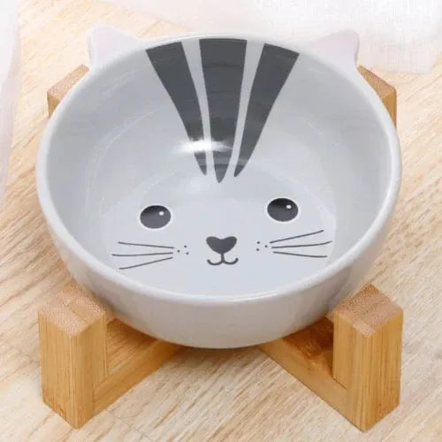 Comedouro Cerâmica Gatinho com Suporte de Bambu