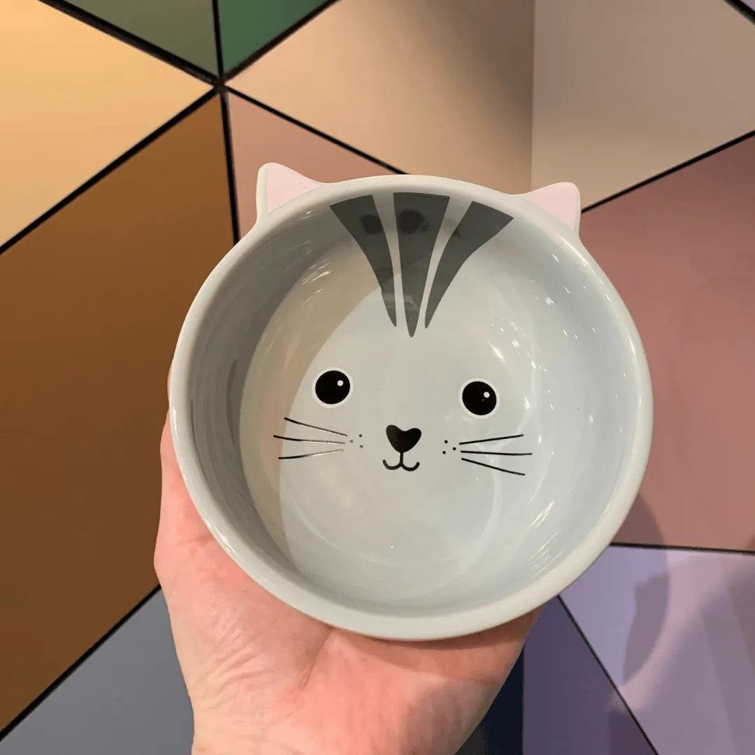 Comedouro Cerâmica Gatinho com Suporte de Bambu