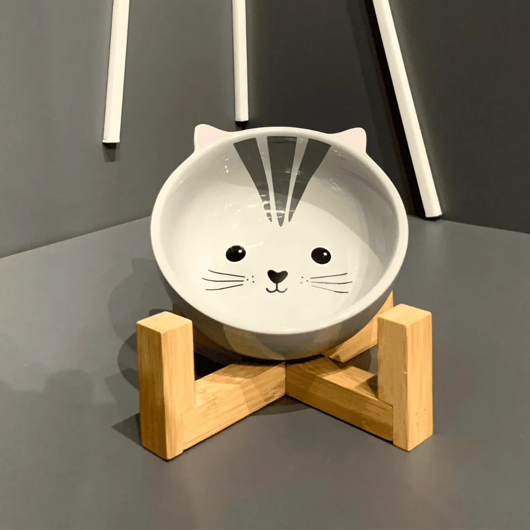 Comedouro Cerâmica Gatinho com Suporte de Bambu