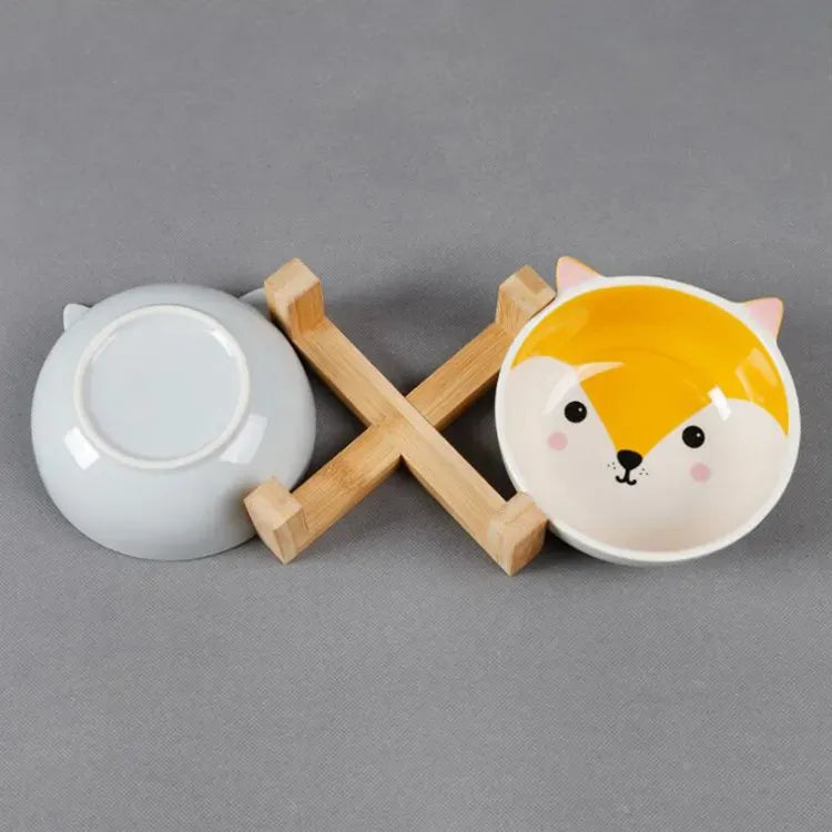 Comedouro Cerâmica Gatinho com Suporte de Bambu