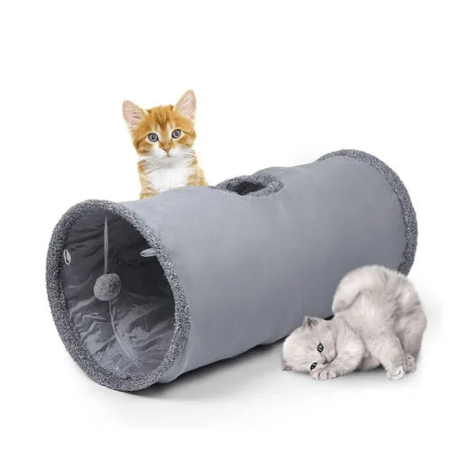 Túnel Peluciado Poliester Cinza com Brinquedo para Gatos