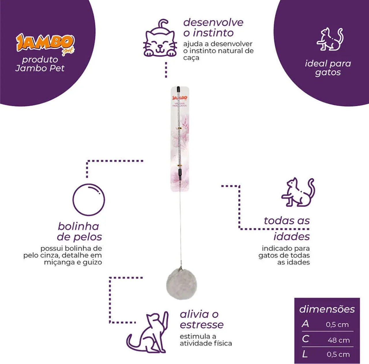 Varinha Fur Pompom Branco com Sininho (com gancho para troca de isca)