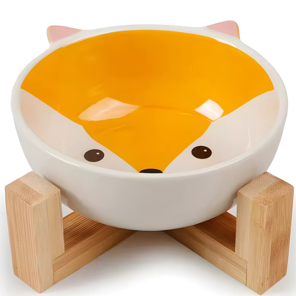 Comedouro Cerâmica Raposa com Suporte de Bambu