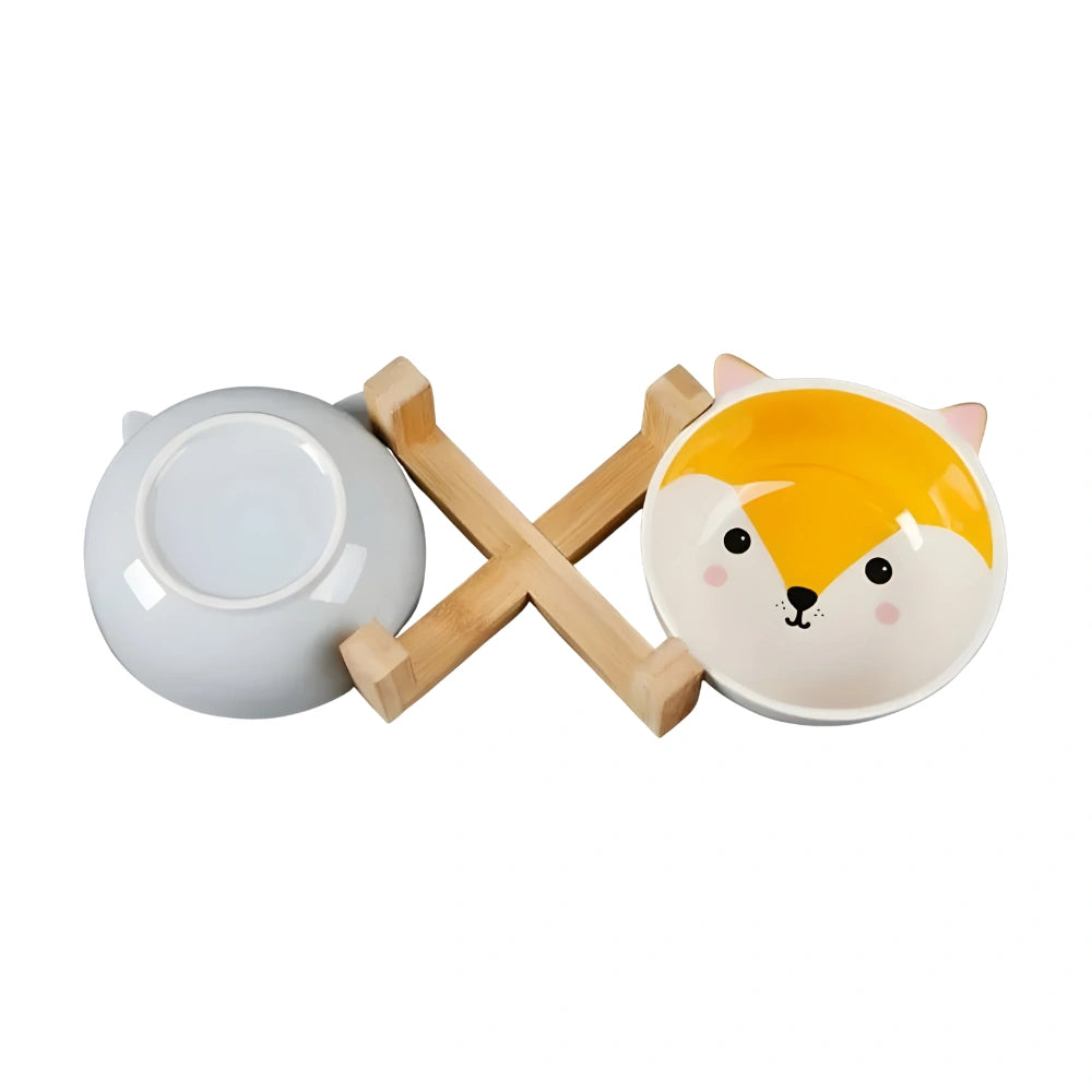 Comedouro Cerâmica Raposa com Suporte de Bambu