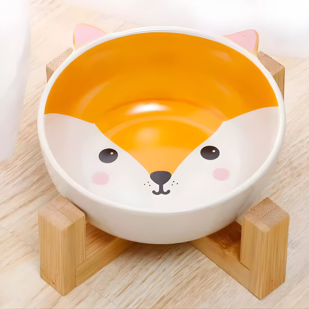 Comedouro Cerâmica Raposa com Suporte de Bambu