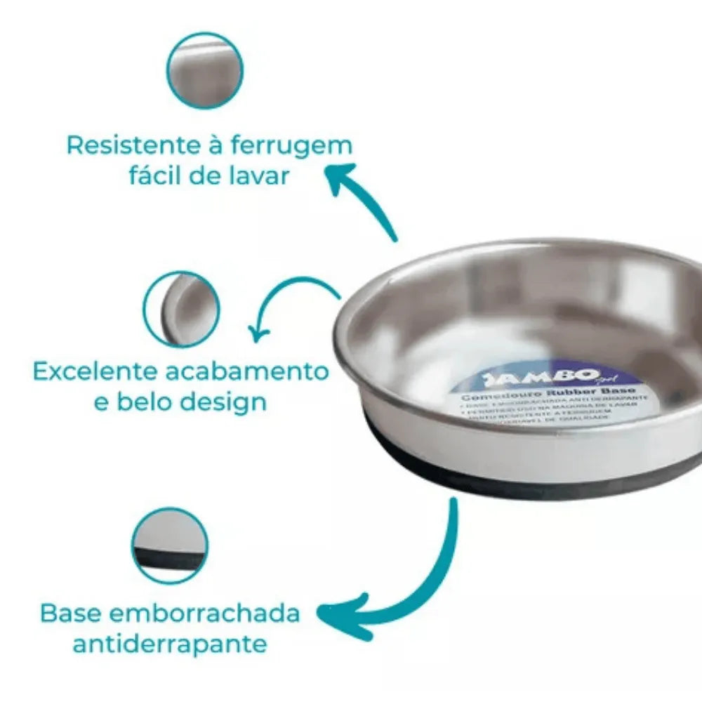 Comedouro Aço Inoxidável com Base Emborrachada Antiderrapante