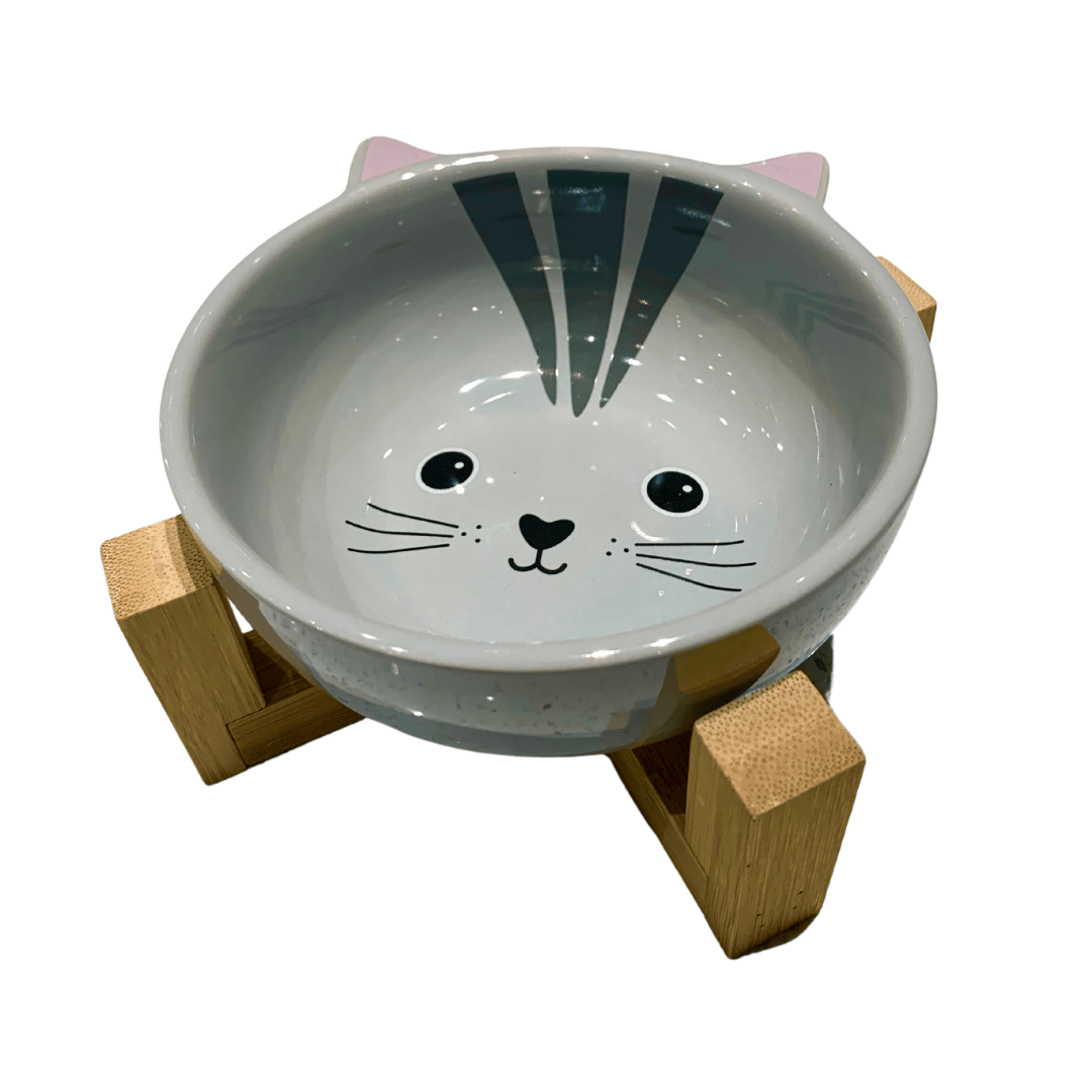 Comedouro Cerâmica Gatinho com Suporte de Bambu