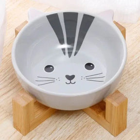 Comedouro Cerâmica Gatinho com Suporte de Bambu