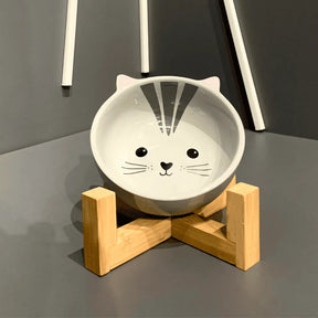 Comedouro Cerâmica Gatinho com Suporte de Bambu